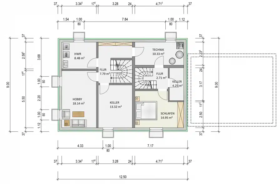 Neubau! Großzügiges Einfamilienhaus mit Einliegerwohnung in schöner Wohnlage von Weilheim - Grundriss KG (38849)